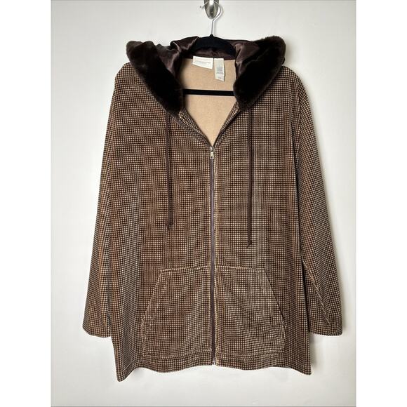 Liz Claiborne Velour Faux Fur Hoodie Jacket Size L Zip Up Cozy Comfy Houndstooth - Picture 1 of 8